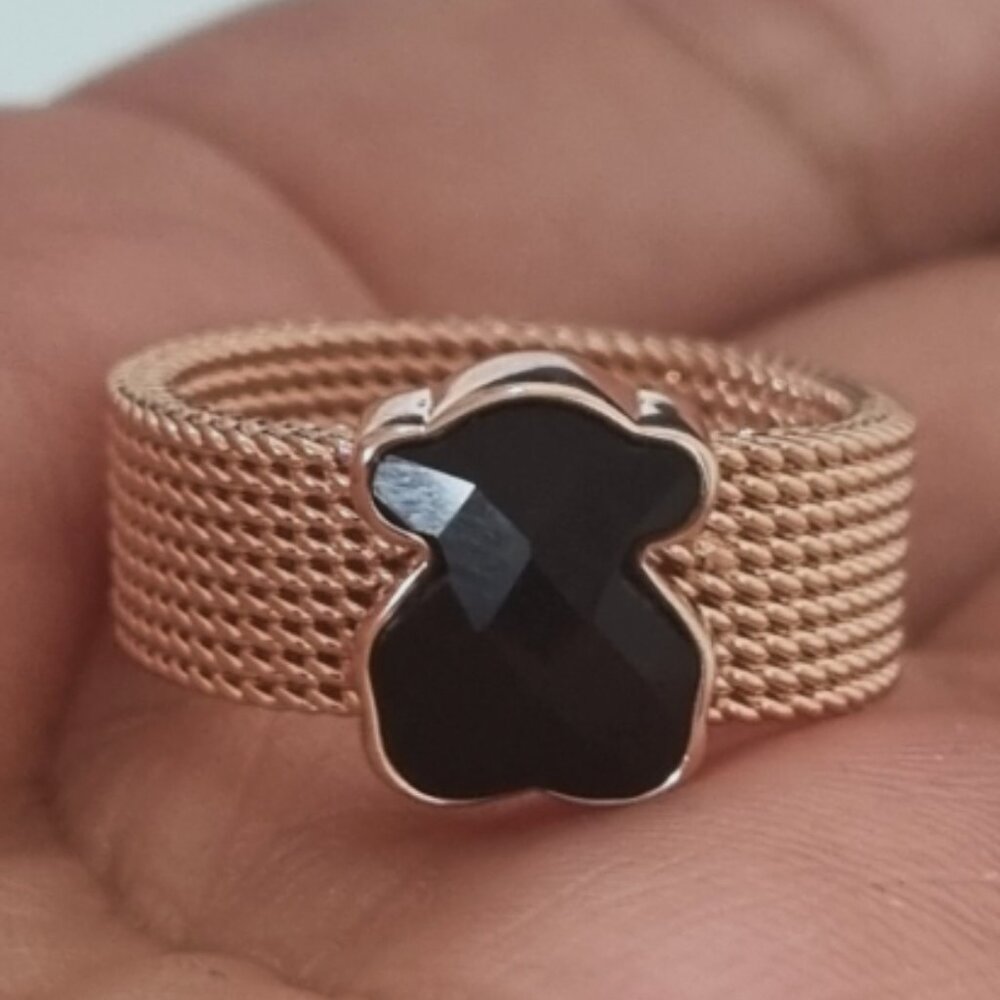 Tous Rose IP Steel Mesh Color Ring with Black Onyx Size 5.5.
